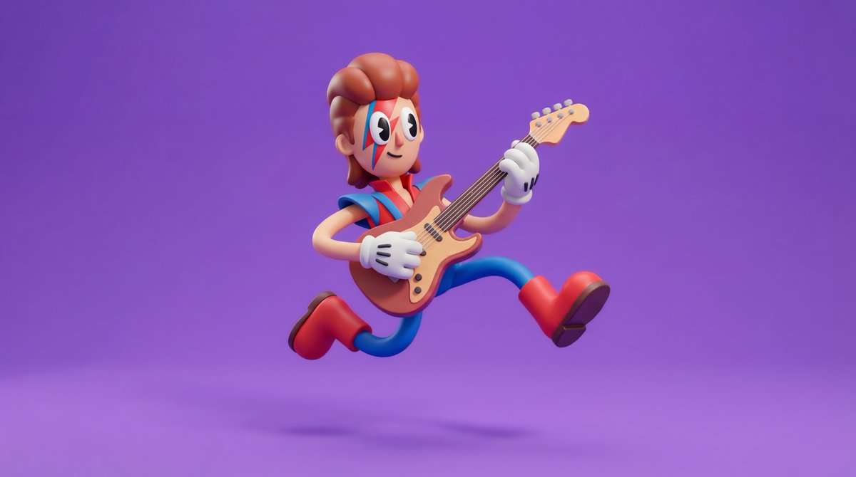 Create a stylized 3D rubberhose character in a dynamic pose with a smooth 3D render, bright soft lighting, and a soft ground shadow on a solid color background.