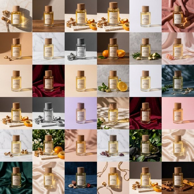 Generate a 6x6 grid of 36 high-quality variations from an original product image, keeping the same product while dramatically changing palettes, backgrounds, lighting, angles, props, and styling.