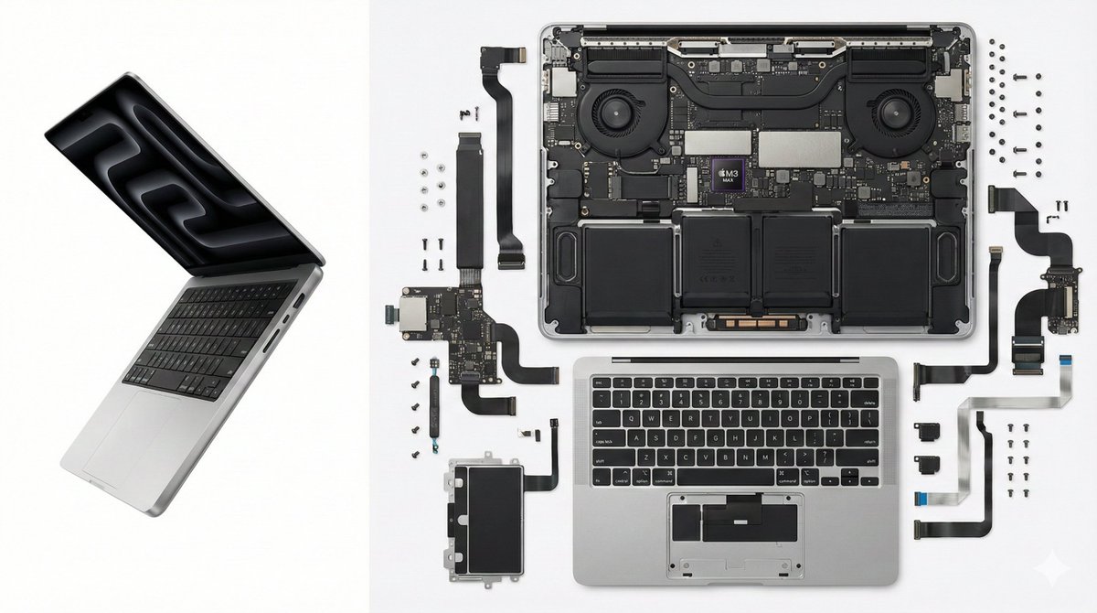 A split-screen commercial product photograph featuring a closed or partially open silver MacBook Pro alongside a meticulously laid-out internal teardown. Shot on a pure white background with a bright, high-translucency look in a clean 16:9 composition.