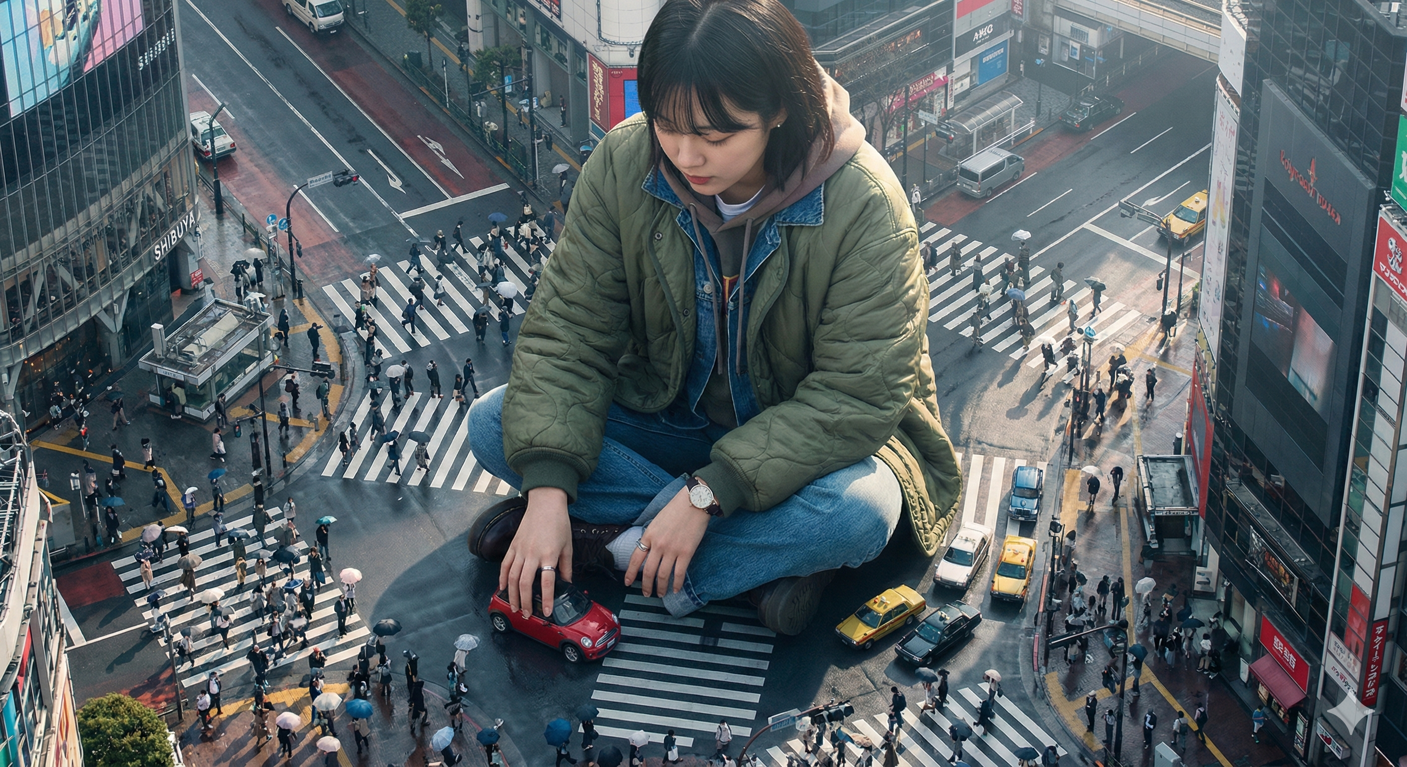 A highly detailed, photorealistic aerial view looking down on a colossal Korean young woman in layered street fashion, playfully handling a tiny car amid a bustling Tokyo street scene. Crisp cinematic composition with wet-pavement reflections, soft morning light, subtle haze, and realistic textures throughout.