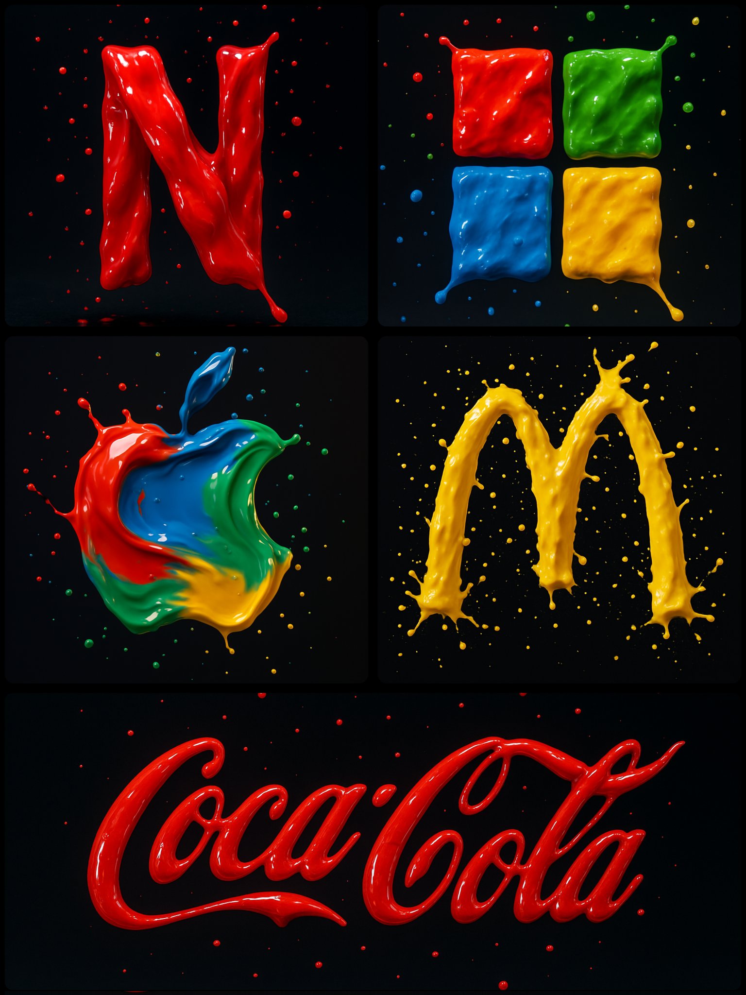 Create a dark, studio-style photograph of a {{BRAND}} logo sculpted from liquid paint splashes in red, blue, green, and yellow, captured mid-motion with suspended droplets.