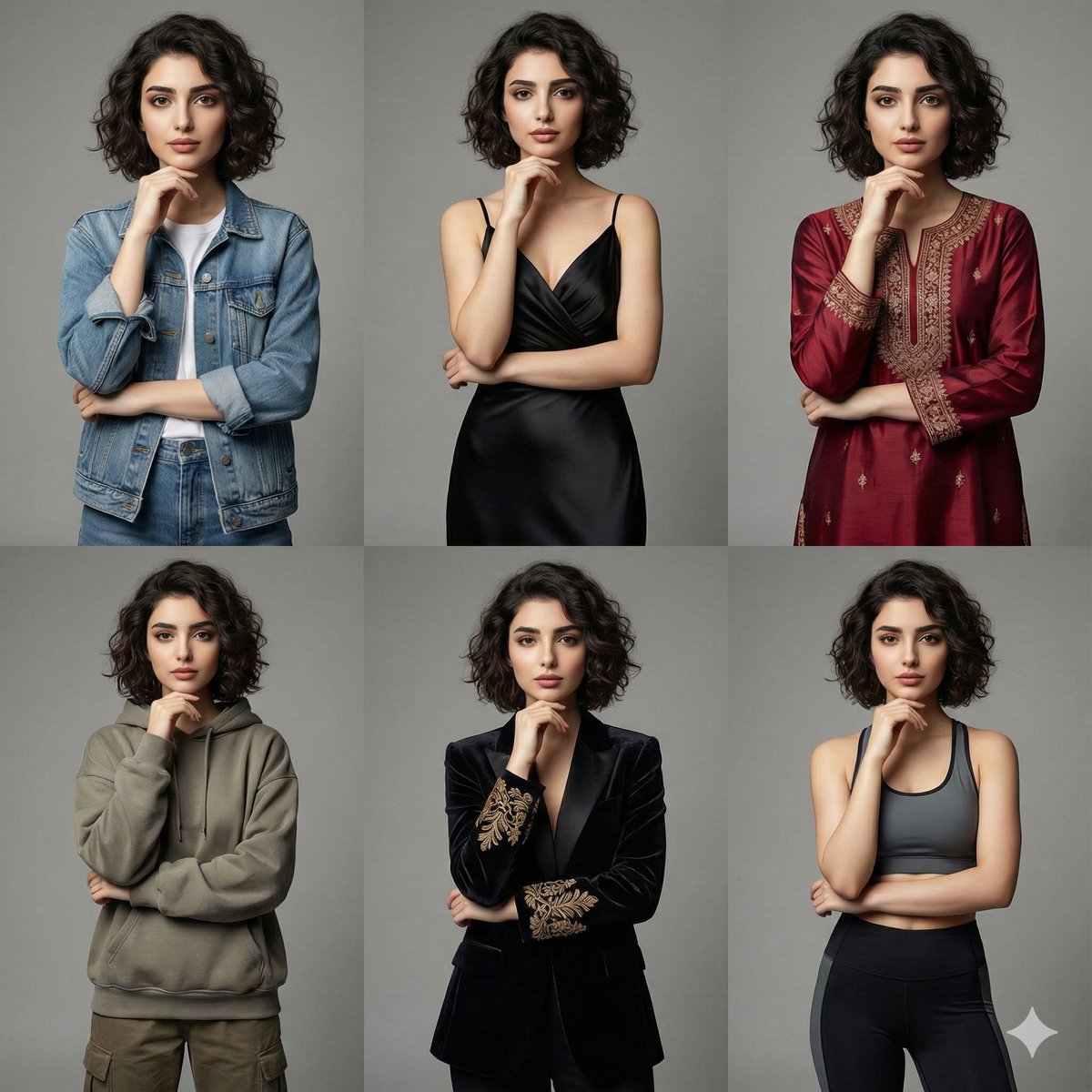 Create a high-end magazine-style cinematic fashion grid from an uploaded photo, showing the same face and pose across six distinct outfit styles with a neutral background and studio lighting.