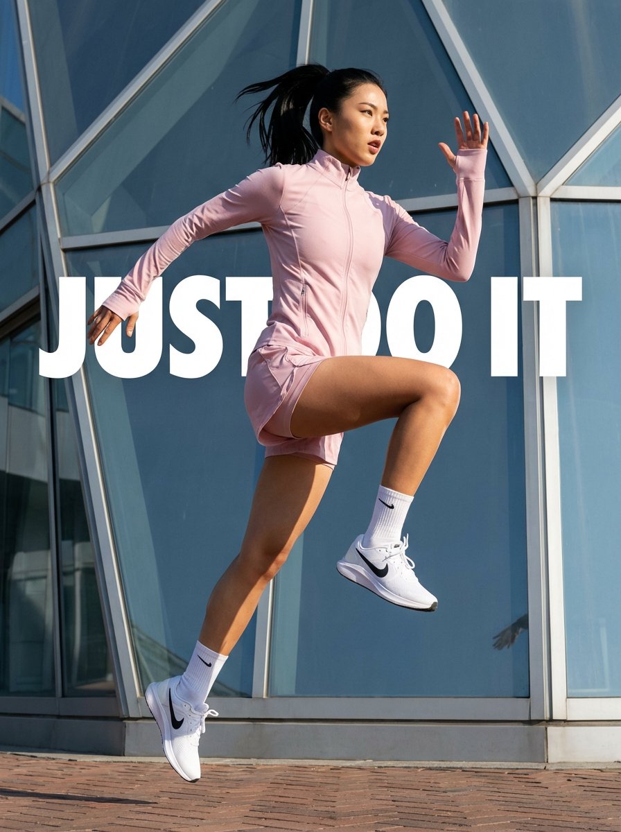 Commercial-style urban sportswear image of a fit young Asian woman suspended mid-air in a running stride, shot from a low worm’s-eye angle against a blue-grey geometric glass facade with bold “JUST DO IT” typography.