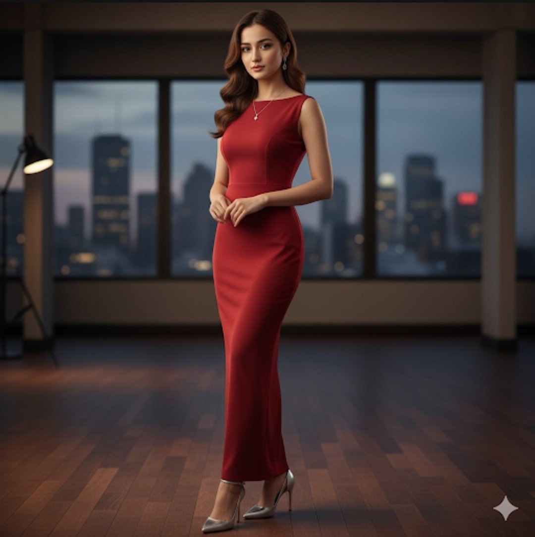 A full-body studio-style portrait of a beautiful young woman in a sleeveless, floor-length red evening gown, posed confidently in a luxurious modern penthouse at twilight. Soft, dramatic lighting highlights her silver jewelry, smooth form-fitting dress, and silver slim-heeled pumps against a city skyline view.