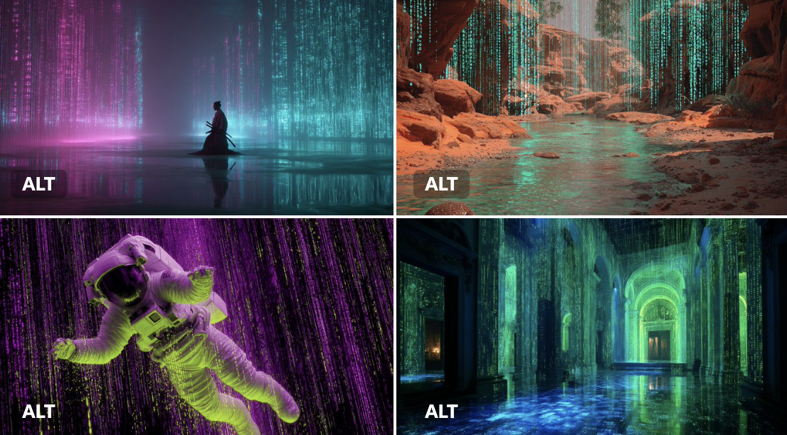 Create a futuristic cyber matrix dreamscape where cascading digital code forms an immersive backdrop, accented with radical neon hues and luminous highlights. Designed for neon, sci‑fi visual concepts that merge art and algorithm.