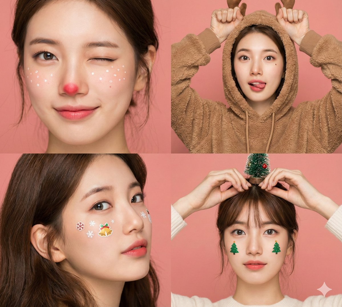 A photorealistic 4-panel split-screen collage featuring the same fair-skinned female character in four Christmas makeup and pose variations, shot against a solid pink/peach backdrop with ring light catchlights.