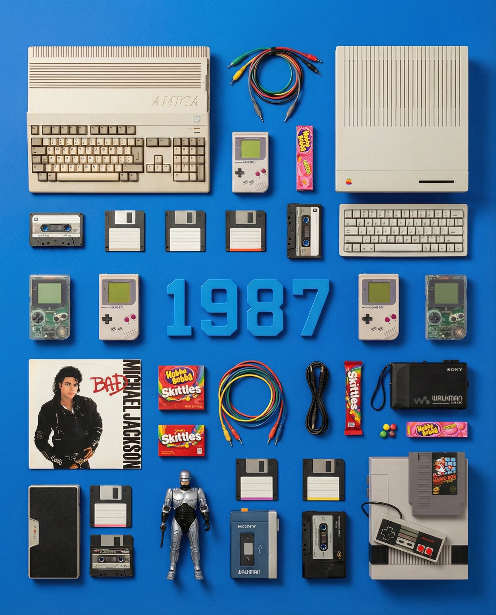 Create a premium, top-down knolling-style flat lay product photo depicting a time capsule from {{YEAR}}, featuring iconic tech/pop-culture objects, tactile year typography at the center, and vibrant contrasting matte background colors.