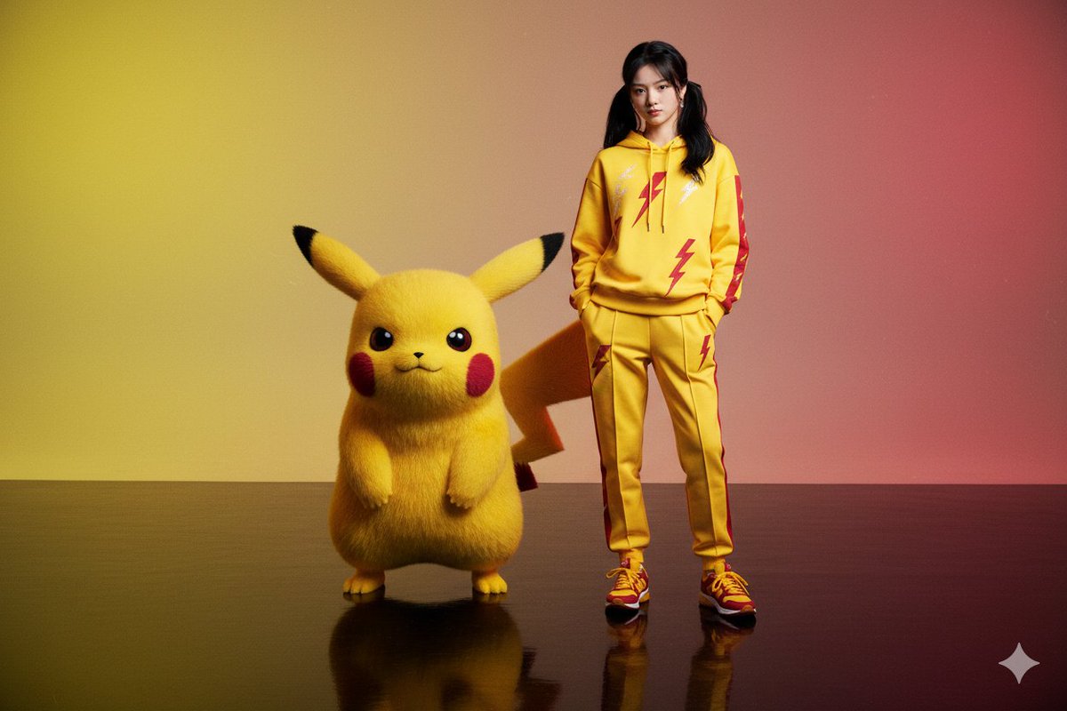 Create a hyper-realistic editorial portrait from an uploaded reference image, pairing the subject in bright yellow and crimson streetwear with a large Pikachu-like creature on a reflective glossy floor. Dramatic warm key and rim lighting, cinematic shallow depth of field, and an electric yellow-to-crimson gradient deliver an ultra-detailed 8K fashion look.
