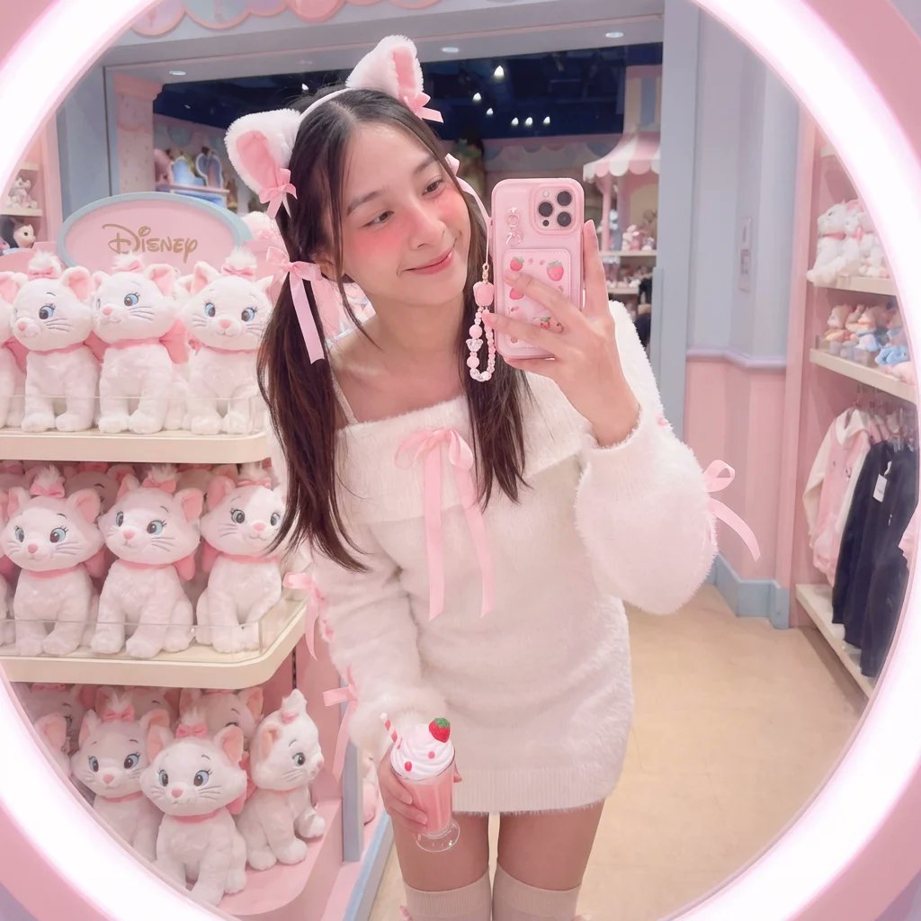 A soft, dreamy smartphone mirror selfie of a cute young woman in a Disney store’s pastel plushie section, styled with fluffy white knit textures and pink Aristocats-inspired accessories.