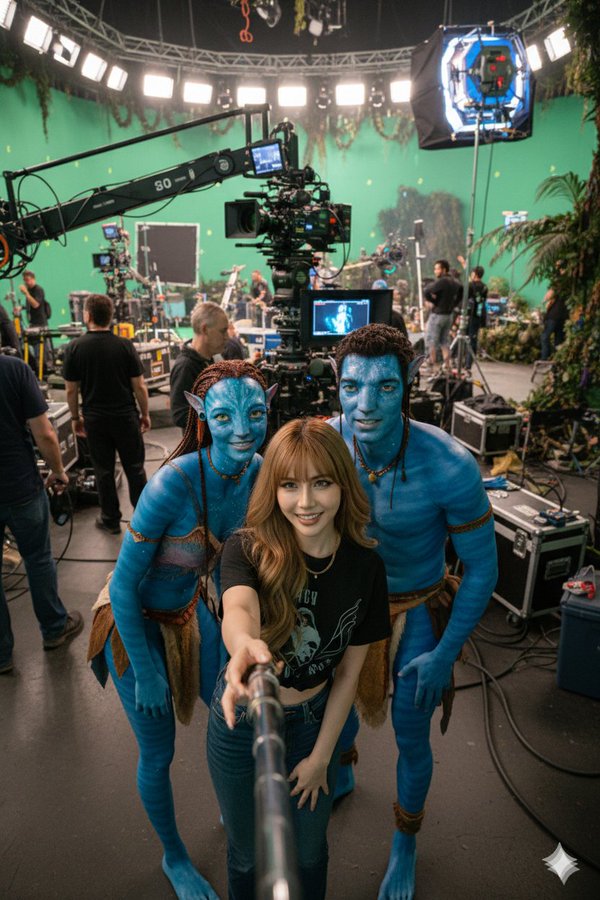 Create a realistic first-person POV front-camera selfie that keeps your face recognizable while cast members lean in close for a candid shot on a busy behind-the-scenes set.