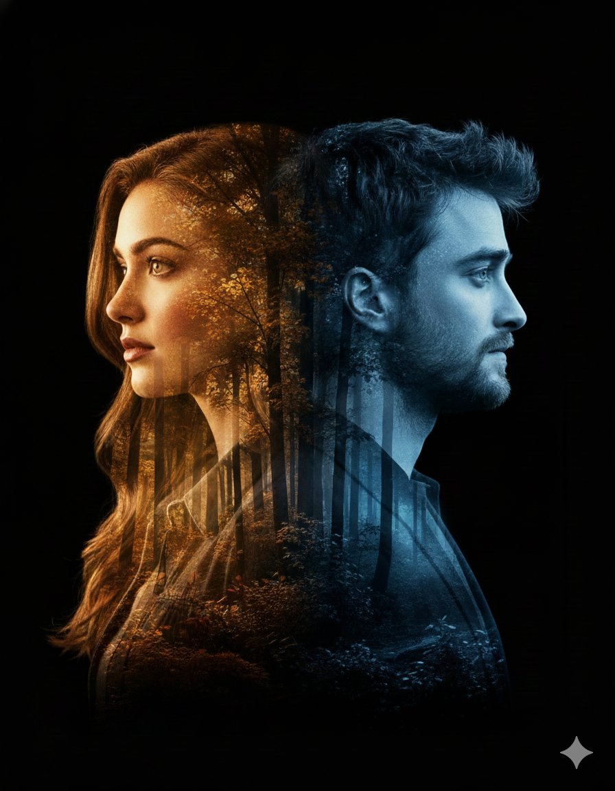 Create a modern cinematic double-exposure poster with two opposing profile silhouettes—woman on the left in warm autumn gold and man on the right in cool serene blue—blended into a dense forest on a clean black backdrop.
