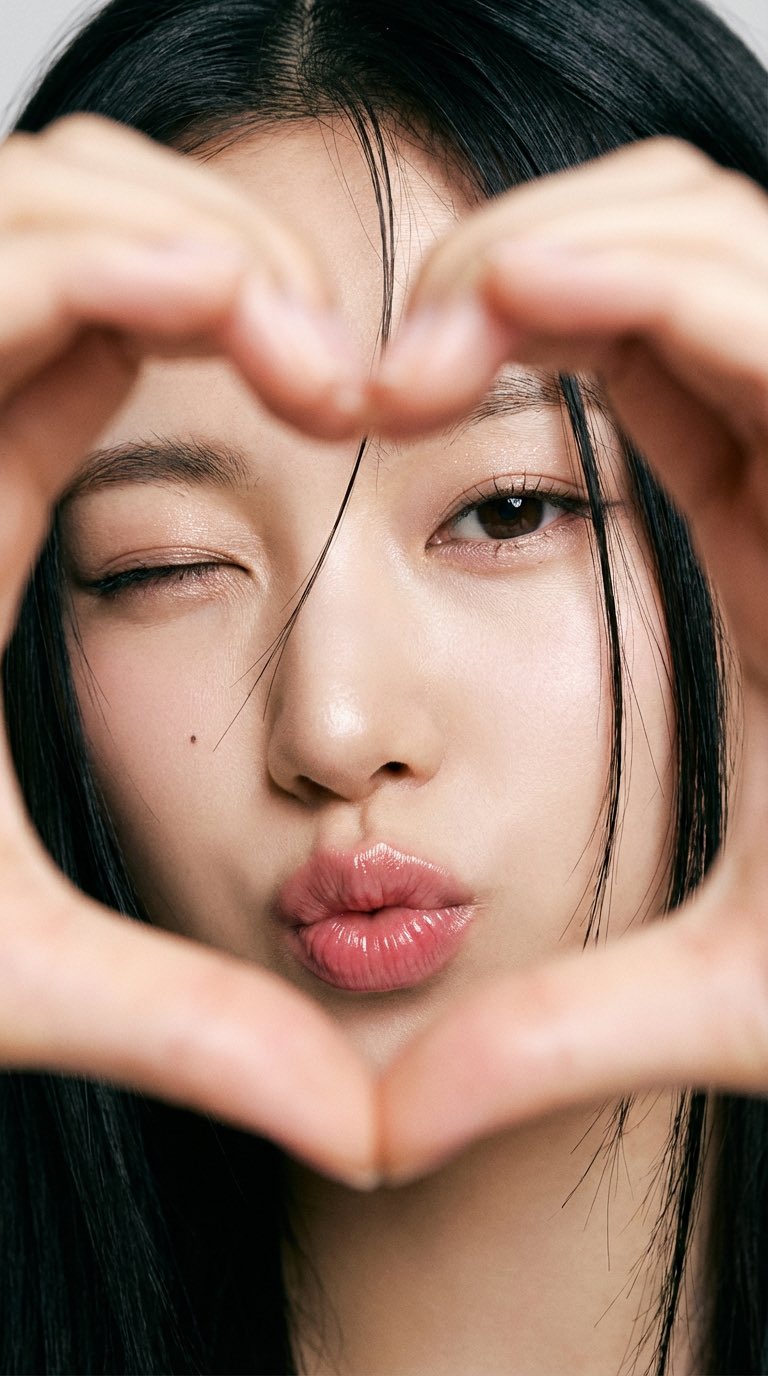 A vertical 9:16 extreme close-up portrait of a young East Asian woman forming a heart with her hands in front of the camera, winking and making a kiss-face under soft diffused light.