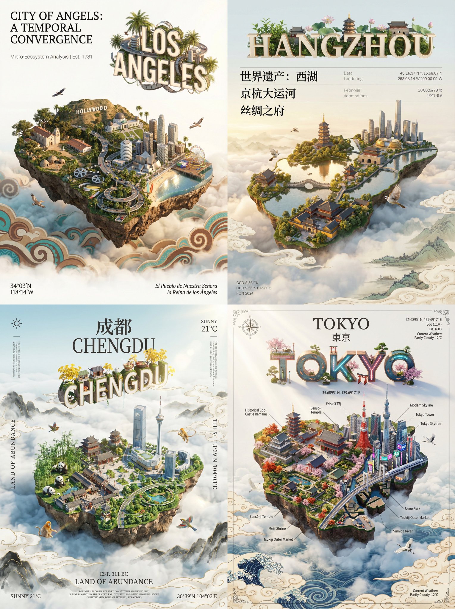 Create a cinematic 3D digital art poster for a chosen city, featuring a map-shaped micro-island floating above a vast sea of clouds with iconic landmarks, nature, and elegant museum-style typography overlays.