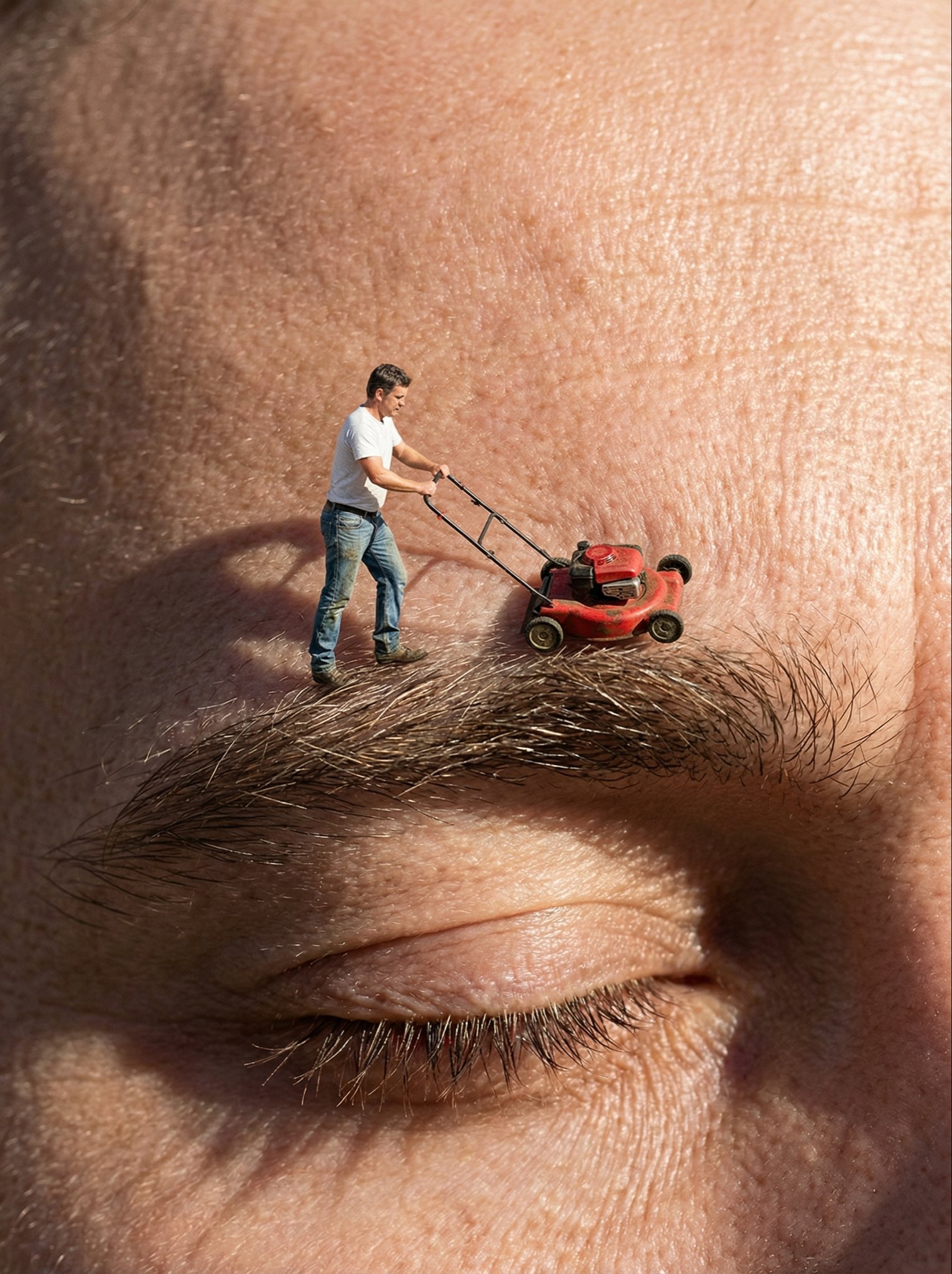 A photorealistic miniature man in gardening clothes pushes a tiny red lawnmower across a giant human eyebrow in an extreme macro close-up, humorously trimming eyebrow hairs like grass. Designed for hyper-real, high-contrast, sharp-focus surreal conceptual photography with shallow depth of field.