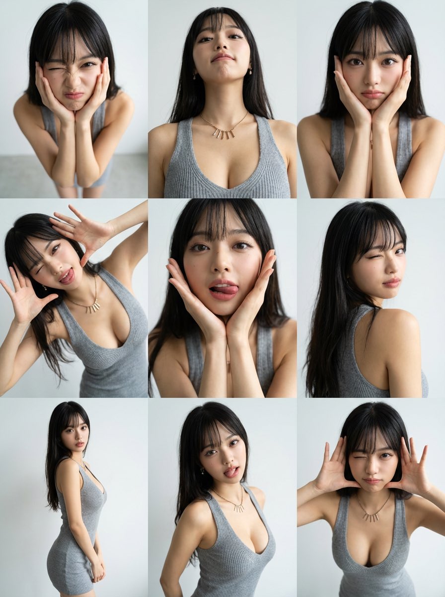 Create a 3×3 photorealistic grid that preserves the uploaded person’s face, hairstyle, and outfit in every panel, with the same cute, funny, slightly weird expression and pose repeated consistently. Each panel uses a different specified camera angle with clean lighting and a modern minimal aesthetic.