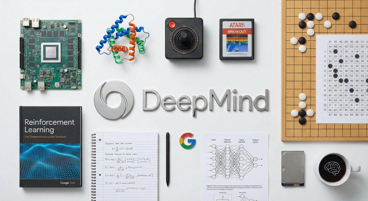 Create a knolling-style, neatly arranged display of items for Google DeepMind. The composition should emphasize orderly layout and clear presentation.
