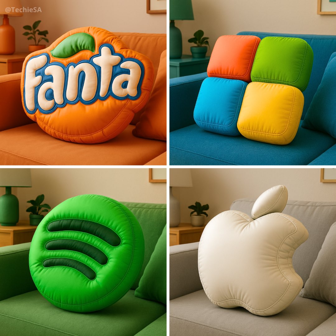 Create a high-resolution 3D render of a brand logo as a soft, inflatable, puffy object placed on a stylish living room couch. The logo is shown at a 45-degree angle with a smooth matte texture, subtle creases, and stitching, matching the brand’s iconic colors in the room decor.