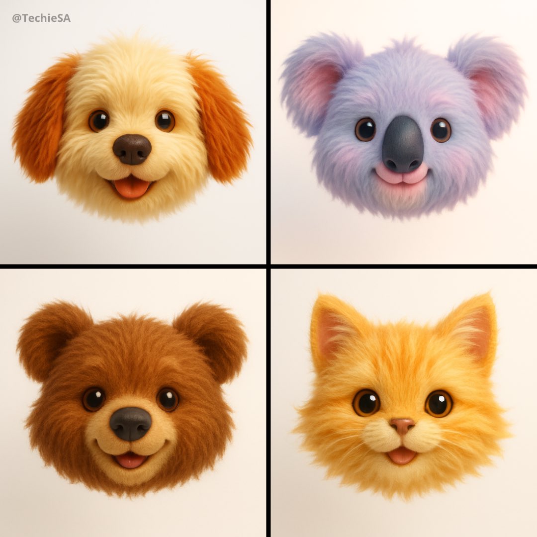Create a hyper-realistic 3D render of a floating plush-style animal emoji head with ultra-soft long fur, playful cuteness, and a vibrant yet soothing color palette on a pure white background.