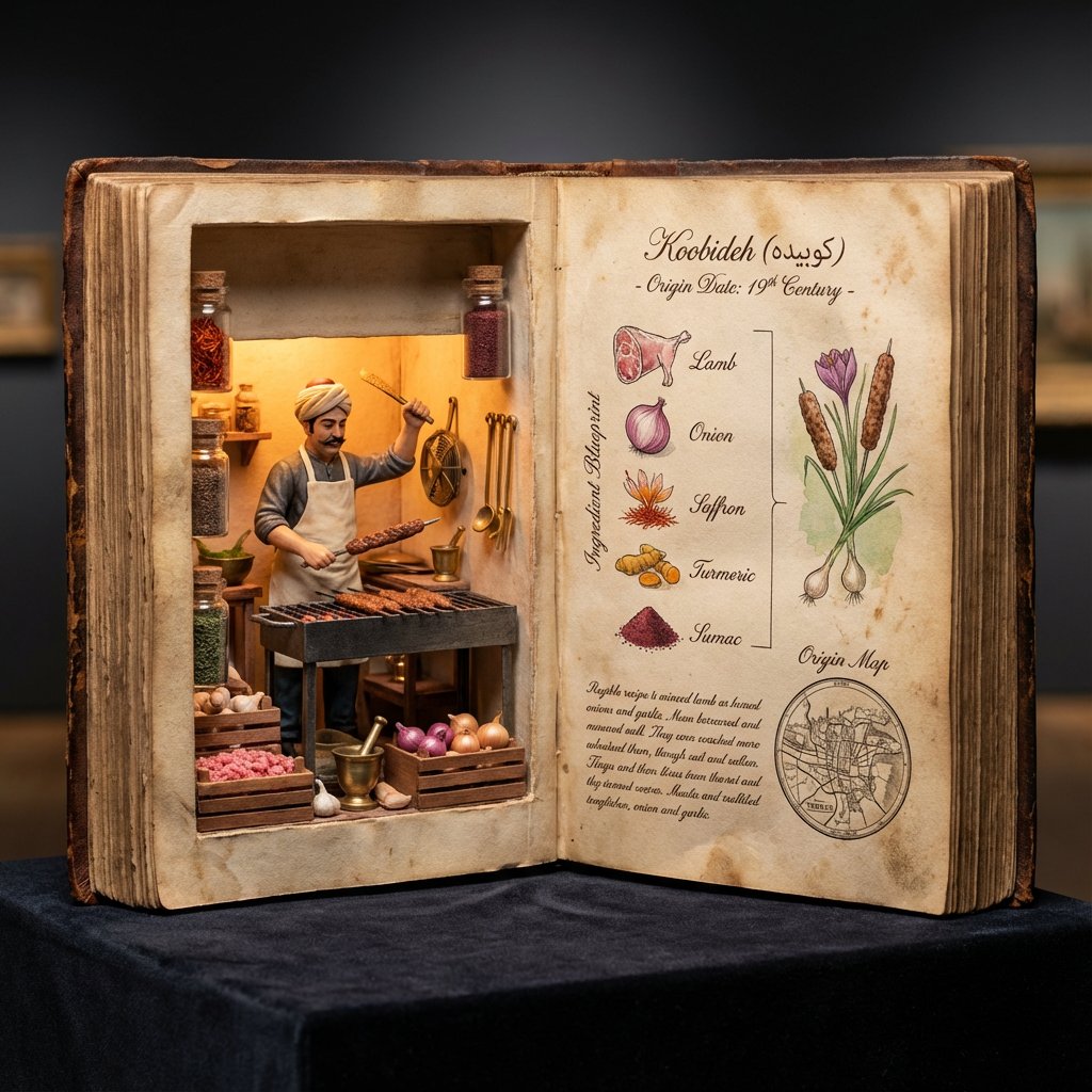 Create a hyper-realistic 4:5 macro museum-specimen photograph of an oversized open antique culinary codex featuring a glowing miniature inventor diorama on the left page and a legible technical recipe layout on aged parchment on the right.
