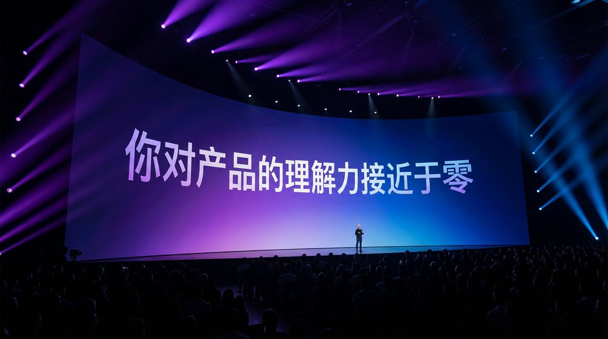 Photorealistic wide-angle press conference scene with a massive curved screen, dark audience-filled auditorium, and vibrant purple-to-blue stage lighting. Perspective screen typography and a tiny presenter silhouette create a premium, on-site event look.