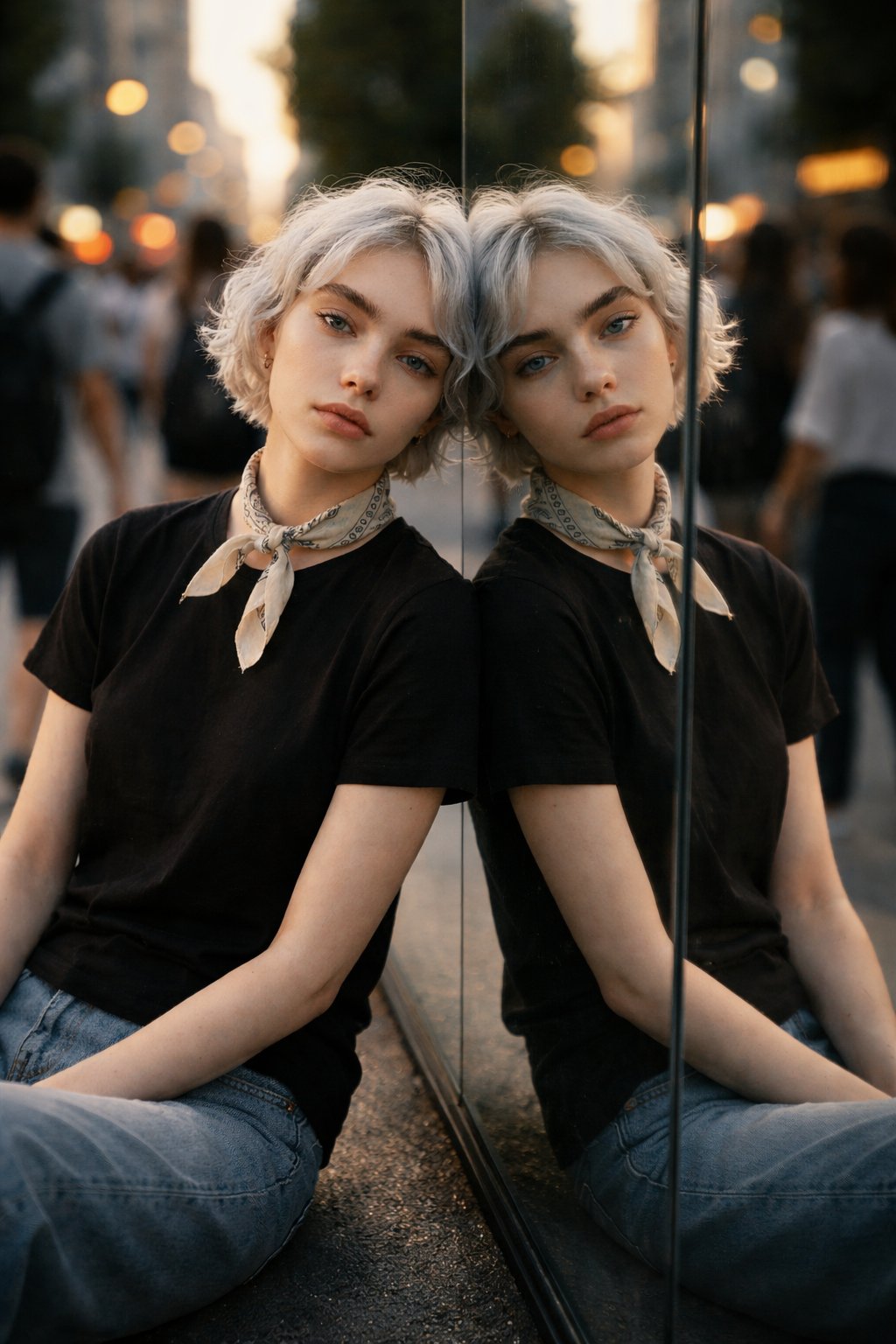 A cinematic fine-art portrait of a silver-blonde, short-haired young woman in minimalist fashion, seated in a field at golden hour with soft natural light. Featuring symmetrical mirror reflection, moody color grading, and shallow depth of field for strong subject isolation and editorial storytelling.