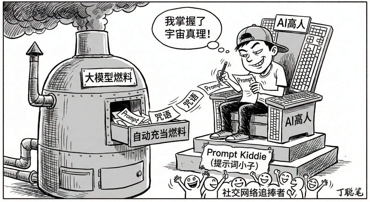 Create a Ding Cong-style satirical cartoon mocking today’s social-media “AI gurus” as mere prompt kiddies who endlessly repost prompts and act as fuel for large models.