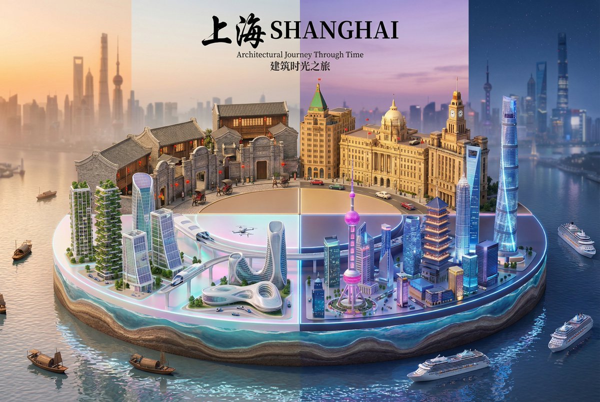 A museum-quality, hyper-realistic 3D miniature diorama of Shanghai’s architectural evolution on a floating circular platform divided into four time-based quadrants, from Shikumen to The Bund, modern Pudong, and a sustainable future skyline.