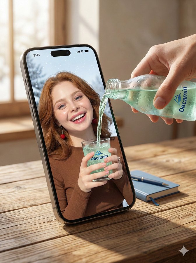 A hyper-realistic high-angle composite portrait of a super-scaled iPhone 17 Pro Max on a worn wooden table as light green water labeled “Decamin” pours through the screen into a digital glass held by a smiling subject in a snowy winter scene.