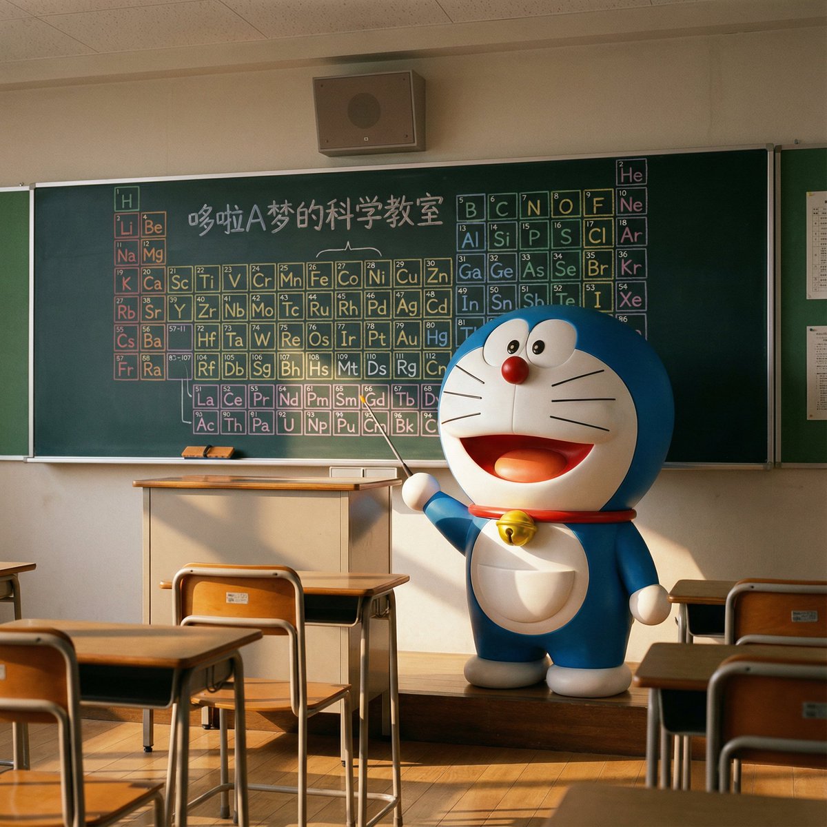 A hyper-real yet gently surreal photorealistic scene of Doraemon standing alive at the front of an empty Japanese classroom, preparing a chemistry lesson in warm late-afternoon sunlight. Shot from a student-seat perspective with crisp focus on Doraemon and the chalkboard for a quiet, storybook sense of wonder.