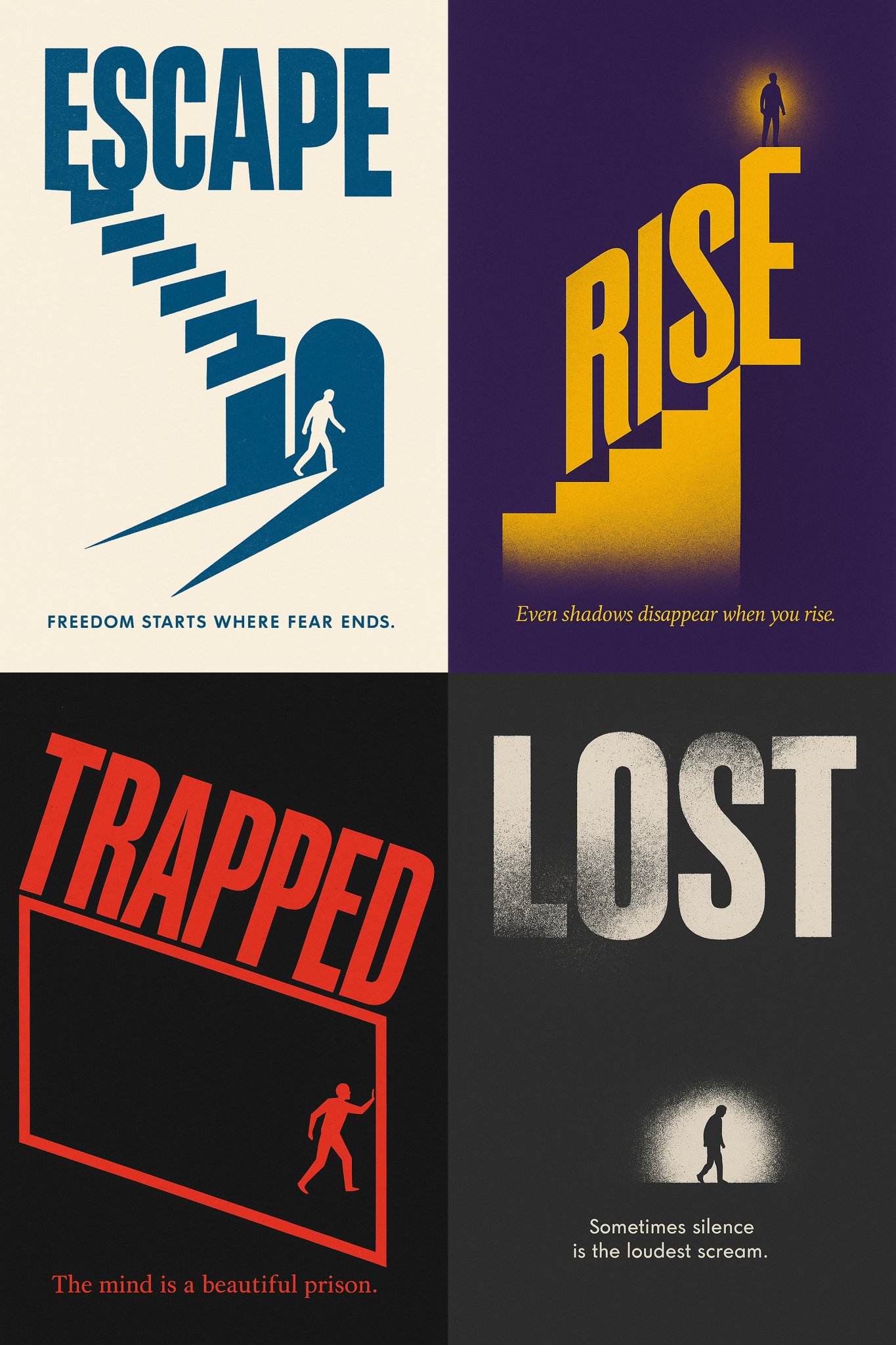 Create a cinematic, surreal vertical poster where the word is distorted through kinetic typography to reflect its meaning, paired with a symbolic minimal flat illustration. Render it in a risograph-inspired two-color palette with a clean background and a short poetic quote.