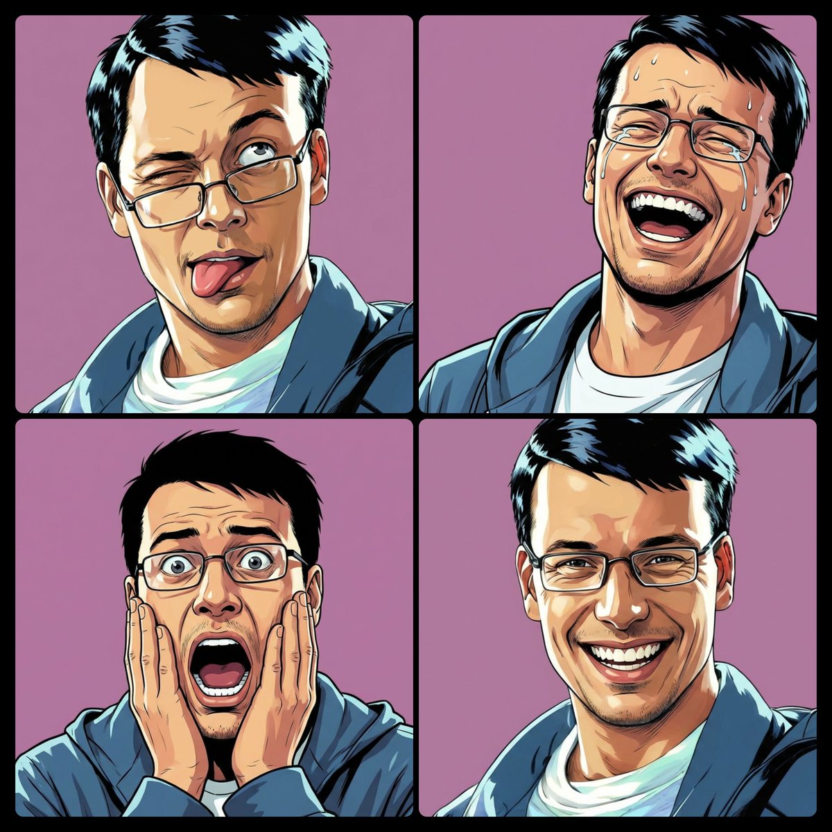 Generate an image where the person copies the facial expression of a chosen emoji.