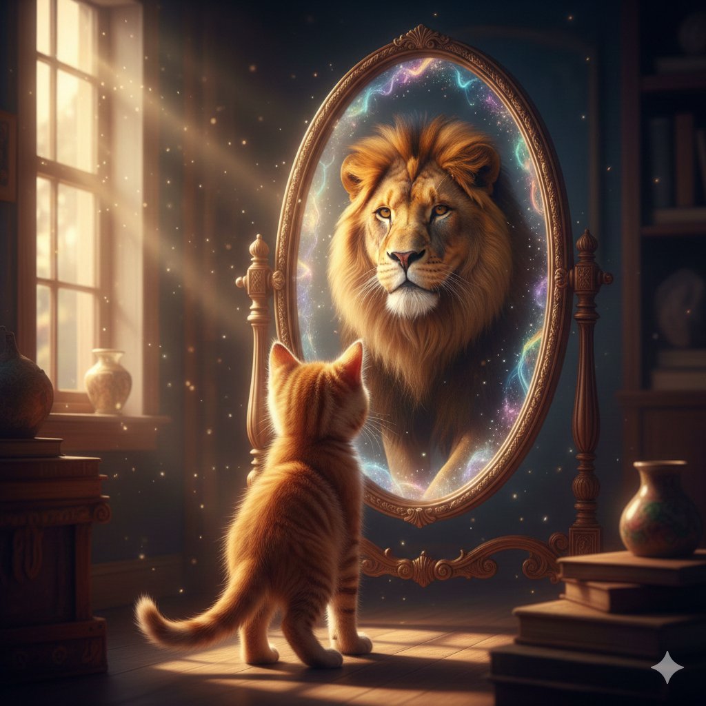 A small orange tabby cat gazes into a realistic oval magic mirror where its reflection becomes a majestic lion, blending true mirror physics with subtle mystical light. Cinematic sunlight and iridescent energy ripples create a dreamlike yet believable surreal realism scene.