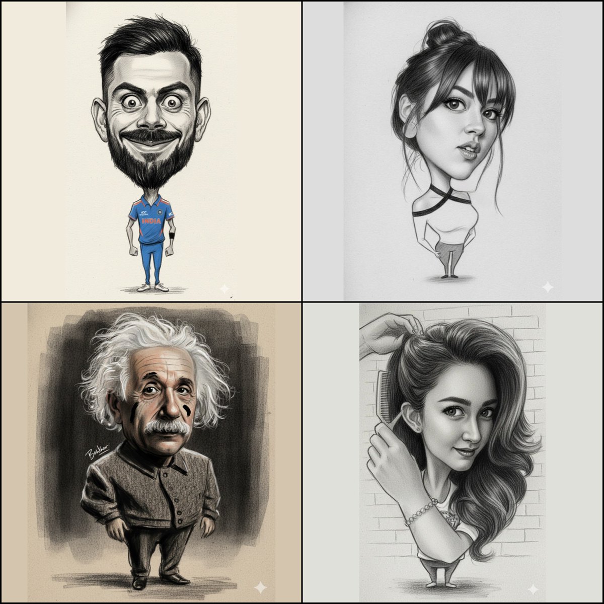 Create a full-body big-head caricature from an uploaded image with extremely exaggerated facial features, rendered on textured paper in pure black charcoal and strong pencil brush strokes, with no text.