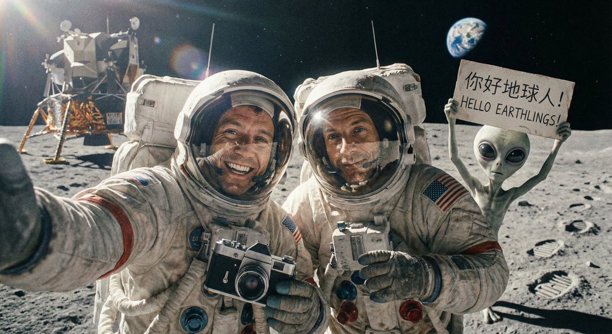 A humorous lunar selfie scene featuring two astronauts in bulky spacesuits, with a little gray alien photobombing in the background holding a “Hello Earthlings!” sign.