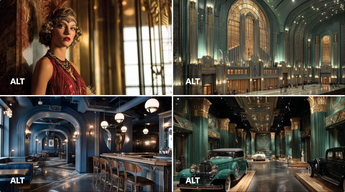 Create a {{SUBJECT}} set within an Art Deco metropolis, emphasizing the grandeur, streamlined forms, and geometric elegance of 1920s architecture with ornate detail and a sophisticated {{COLOR1}} and {{COLOR2}} palette.