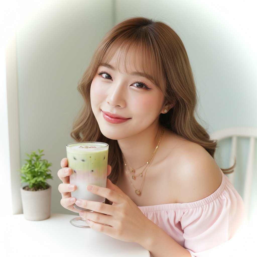 Create a bright, airy, photorealistic POV medium close-up of an adult East Asian woman sitting at a cafe table, leaning forward with a sweet "first date" eye-smile while holding a latte or colorful drink. Pastel walls, soft window light, and a clean Ulzzang color grade emphasize a trendy, approachable date vibe.