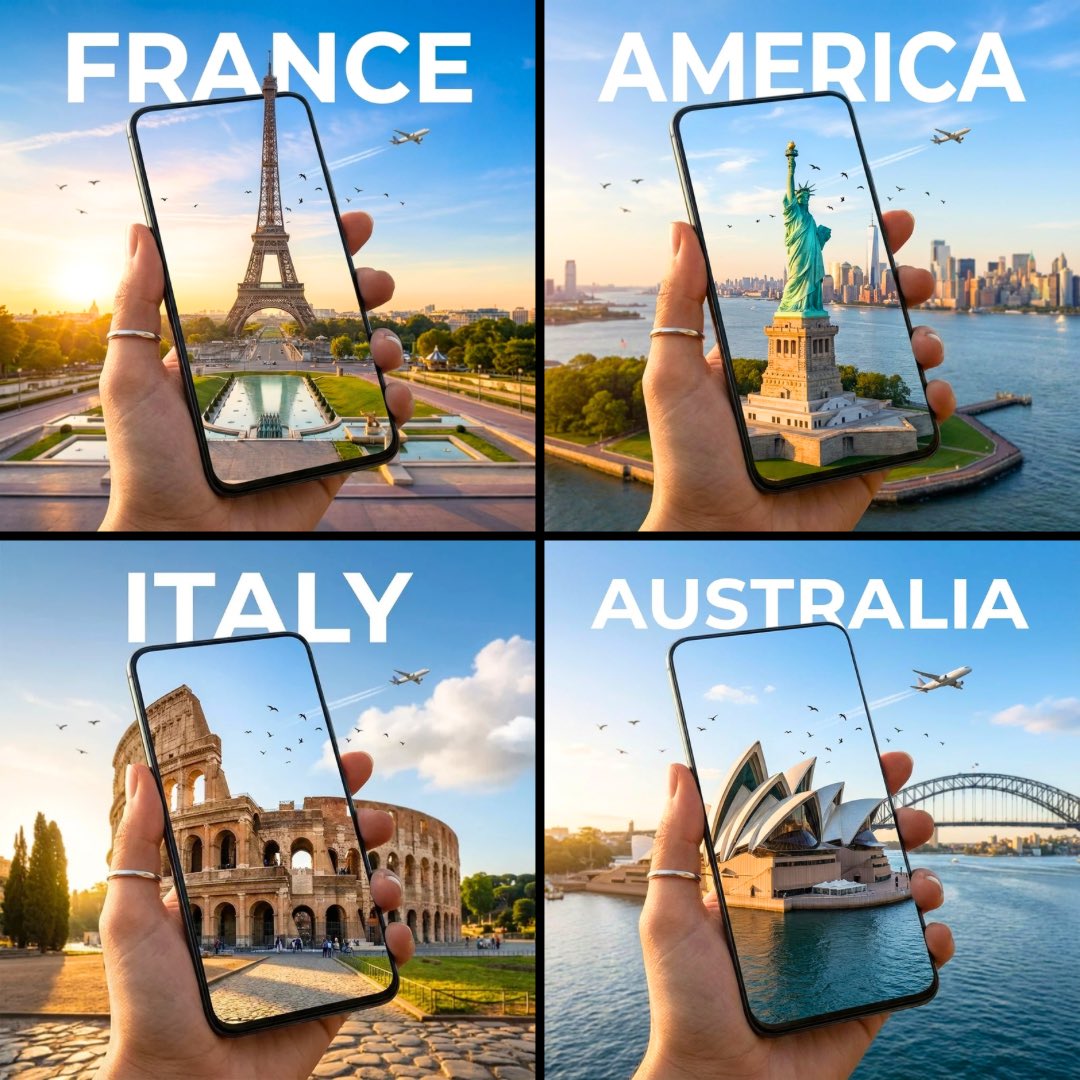 Create a hyper-realistic square travel ad where an iconic {{COUNTRY}} landmark appears to emerge from a sleek handheld device, blending seamlessly into the surrounding landscape under warm natural light.
