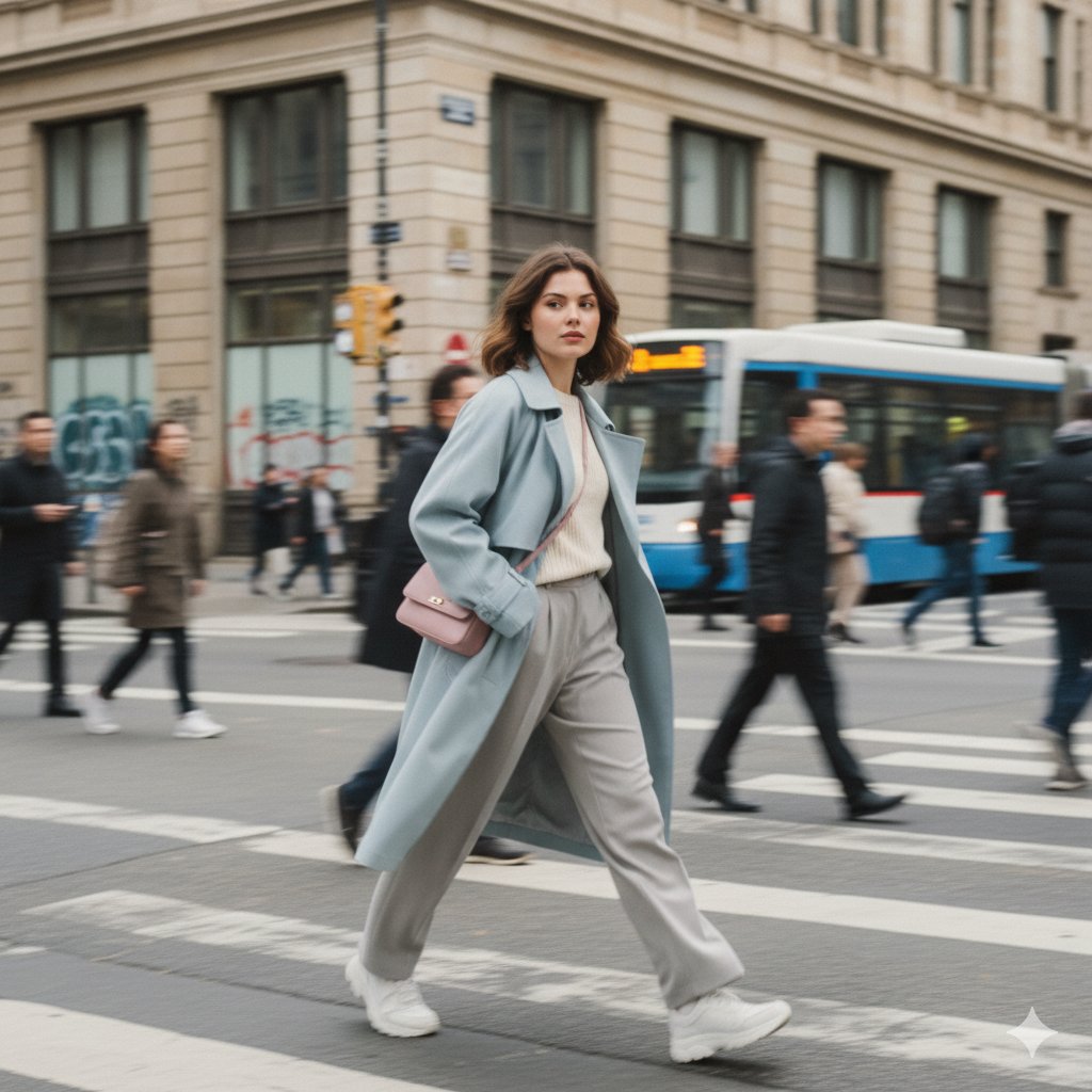 Create a cinematic street fashion photo of a stylish young woman captured in motion in an urban environment, with motion blur, shallow depth of field, and muted pastel tones under natural overcast light.