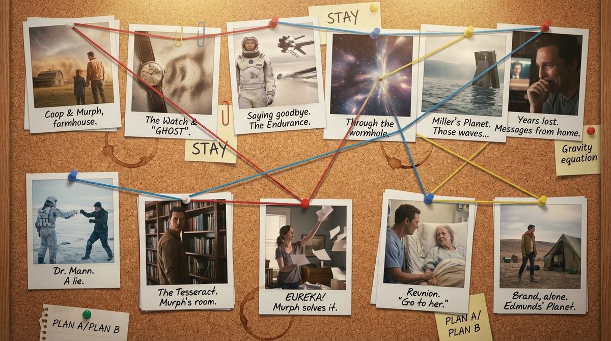 Generate a warm, nostalgic cork-board storyboard made of Polaroid photos that retell a film or novel through captioned key moments connected by colored string.