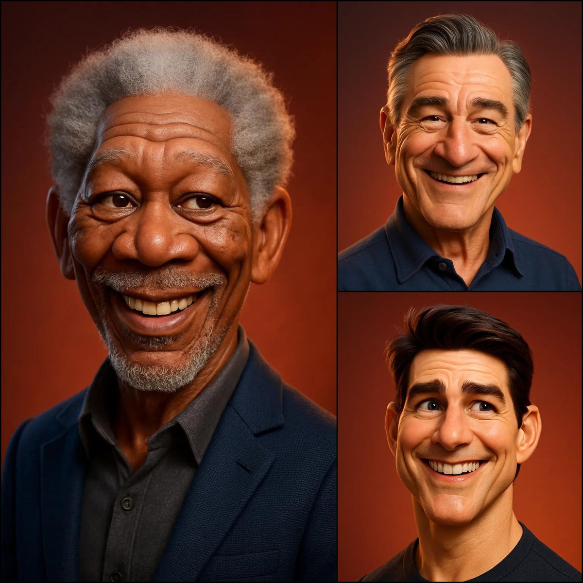 Create a 3D caricature portrait of {{SUBJECT}} in a Pixar/DreamWorks-inspired style with expressive features, realistic skin shading, and a warm reddish-orange gradient background.