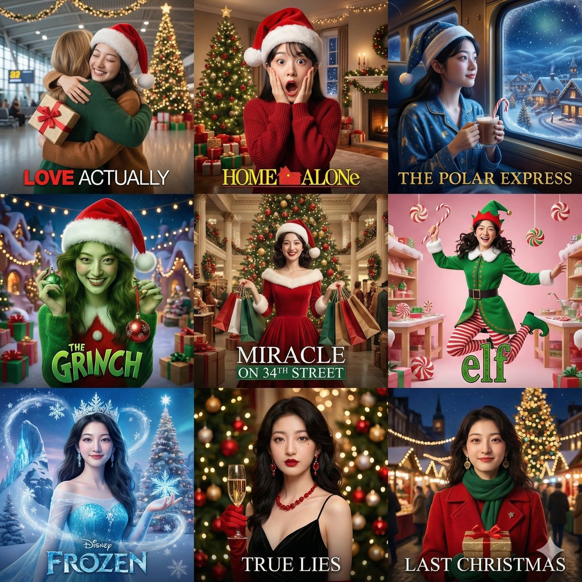 Create a 3x3 grid collage poster featuring the exact same woman in nine iconic Christmas movie-inspired scenes, matching the reference face precisely while changing only expression, makeup, and styling. Each panel uses the corresponding film’s color palette, lighting, and atmosphere with strong Christmas decorations and cinematic title text.