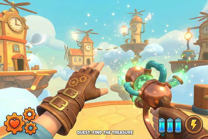 A first-person shooter POV in a dystopian cyberpunk mega-city, featuring a cybernetic mercenary’s prosthetic arm, a dual-barreled smart pistol, and a legible glitchy HUD during a rain-soaked rooftop escape. Rendered like a high-end PC in-game ray-traced screenshot with neon fog, wet reflections, and high-FOV motion energy.