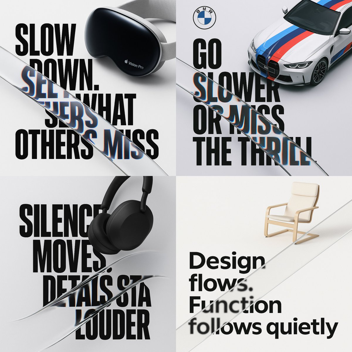 Create a high-resolution, square (1:1) cinematic brand poster featuring bold black extra-bold typography with a 3D glass refraction distortion effect and glossy lighting.