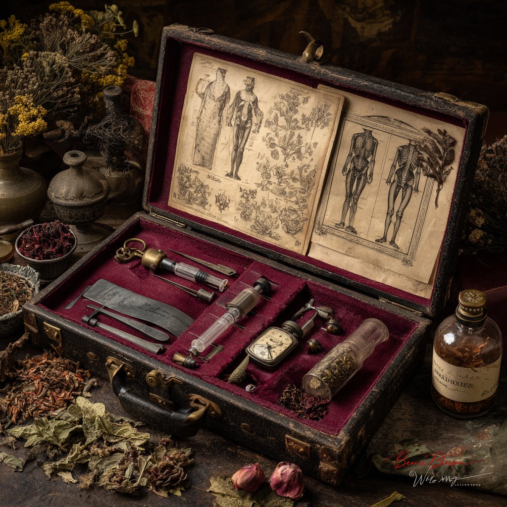 A richly shadowed Dutch Golden Age–inspired still life of a Victorian surgeon’s medical kit laid open on aged leather, with antique instruments, anatomical sketches, and a pocket watch arranged on burgundy velvet amid dried medicinal herbs.