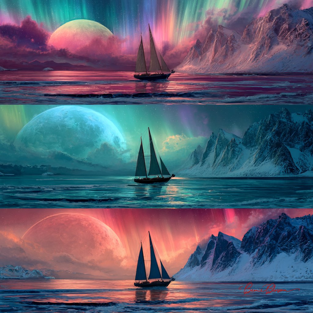 A dreamy fantasy seascape featuring three distinct sailboats drifting across the ocean beneath vivid aurora borealis and colorful moons, with snowy mountains in the distance. Rendered as detailed digital art for an atmospheric landscape scene.