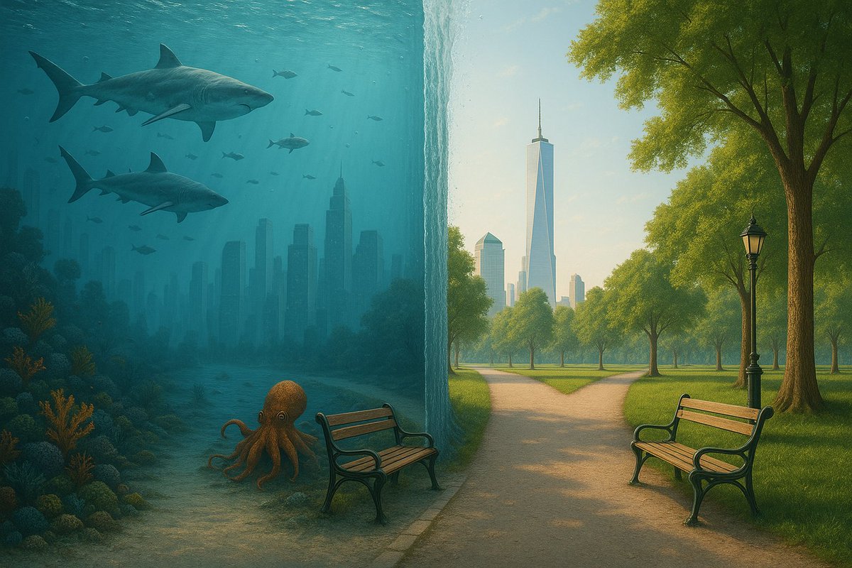 Create an impossible split composition where the left half of a {{SCENE}} is submerged and teeming with marine life, while the right half continues as the normal dry environment. A vertical wall of water divides the two sides, emphasizing realistic continuity, lighting, and reflections across air and water.