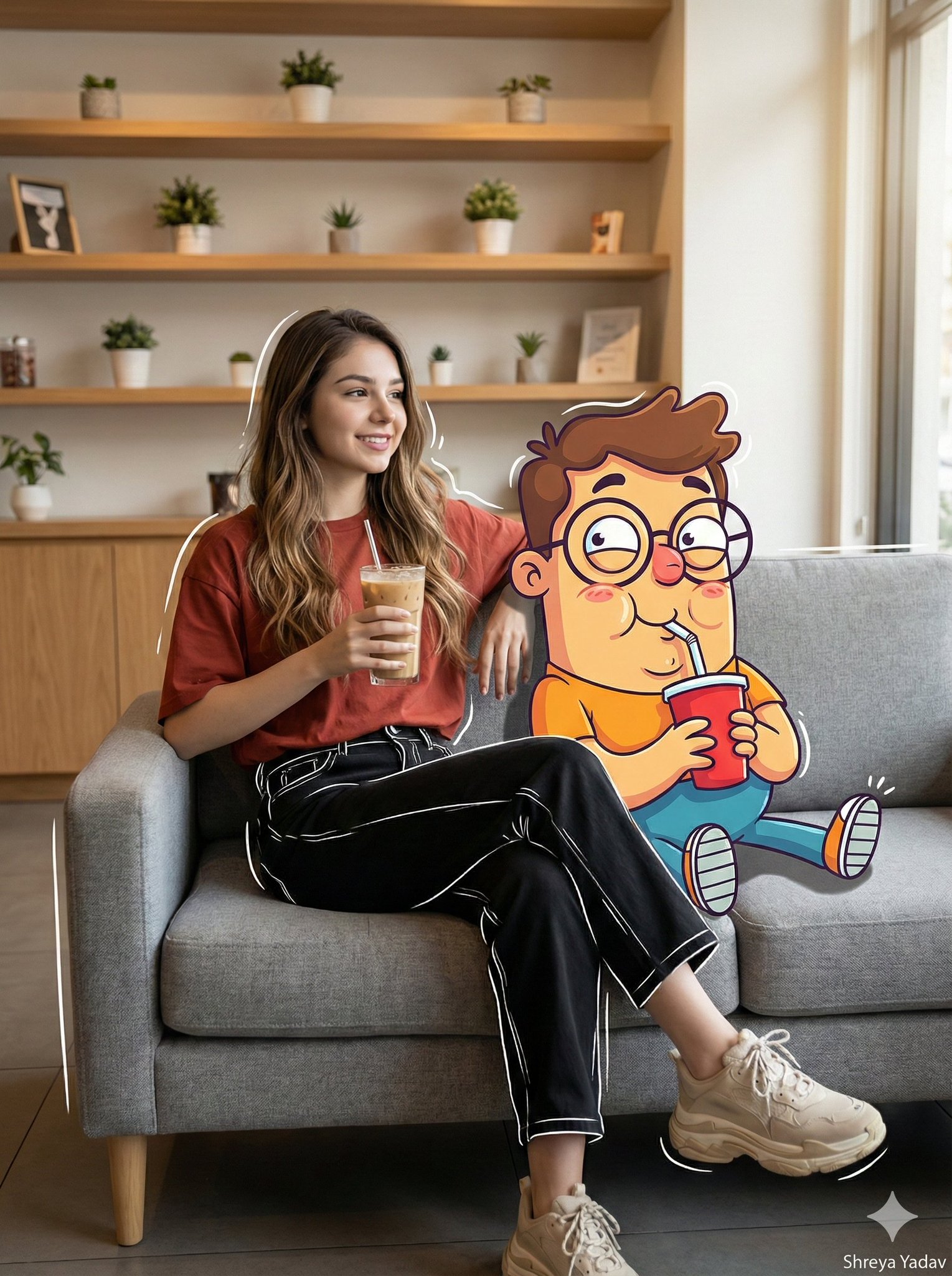 A high-resolution cinematic mixed-media portrait of a young woman relaxing in a cozy minimalist coffee shop, seamlessly paired with a bright, expressive cartoon character. Soft natural light, clean composition, and subtle doodle-style highlights complete the modern warm scene.