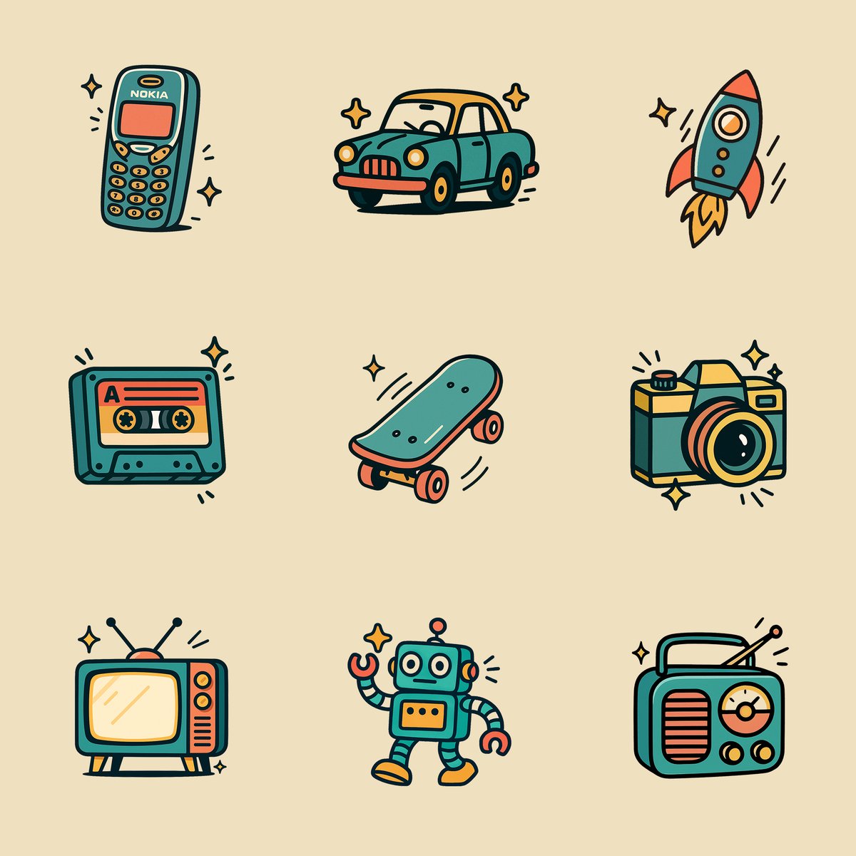 Create a crisp retro cartoon-style icon of your chosen object using flat solid colors, bold black outlines, and clean color-block shading on a plain white background.