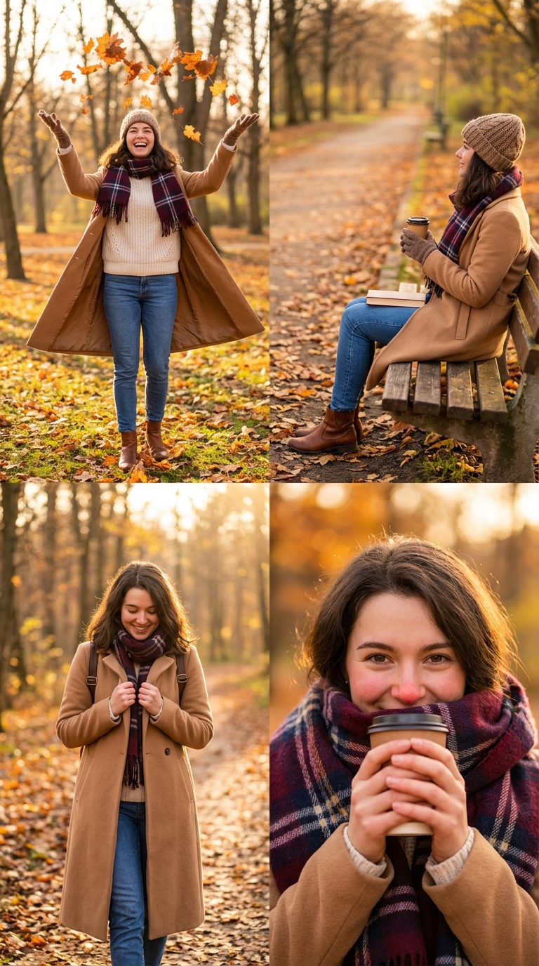 A cohesive 2x2 grid photo collage featuring the same young woman in a cozy layered autumn outfit, captured in relaxed lifestyle moments along an autumn park or forest path. Warm golden-hour lighting, cottagecore vibes, and subtle apparel product placement options are included.