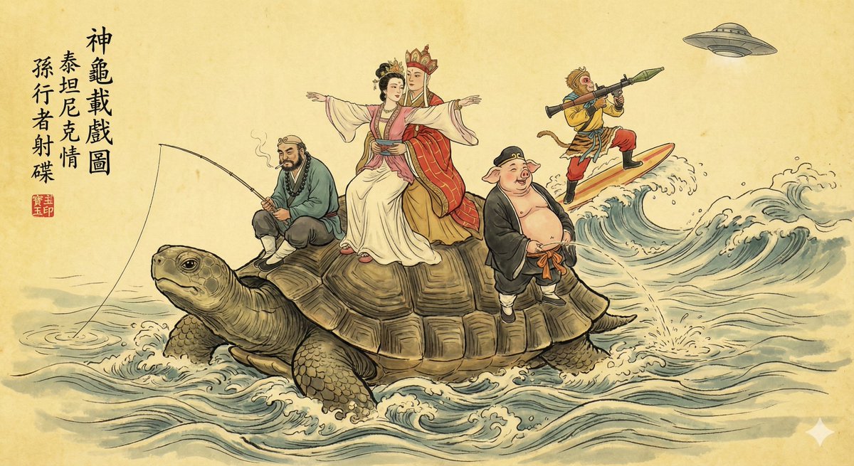 A traditional Chinese Gongbi-style ink painting depicting a giant turtle swimming through a turbulent river, carrying humorous anachronistic scenes from Journey to the West alongside modern pop-culture and sci-fi elements. Includes Chinese calligraphy and a red seal reading "寶玉印".